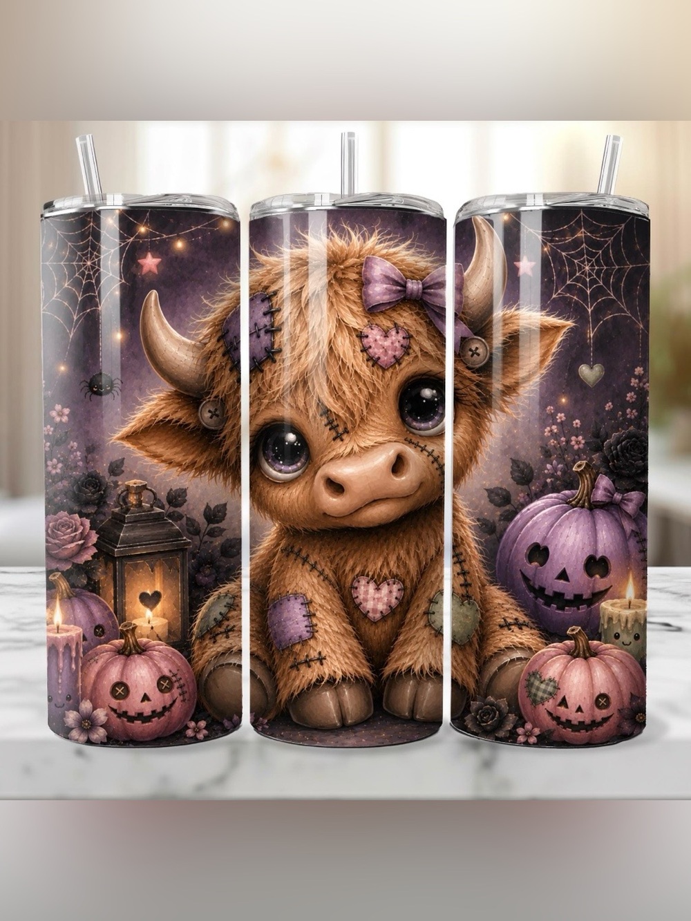 Patchwork highland cow tumbler